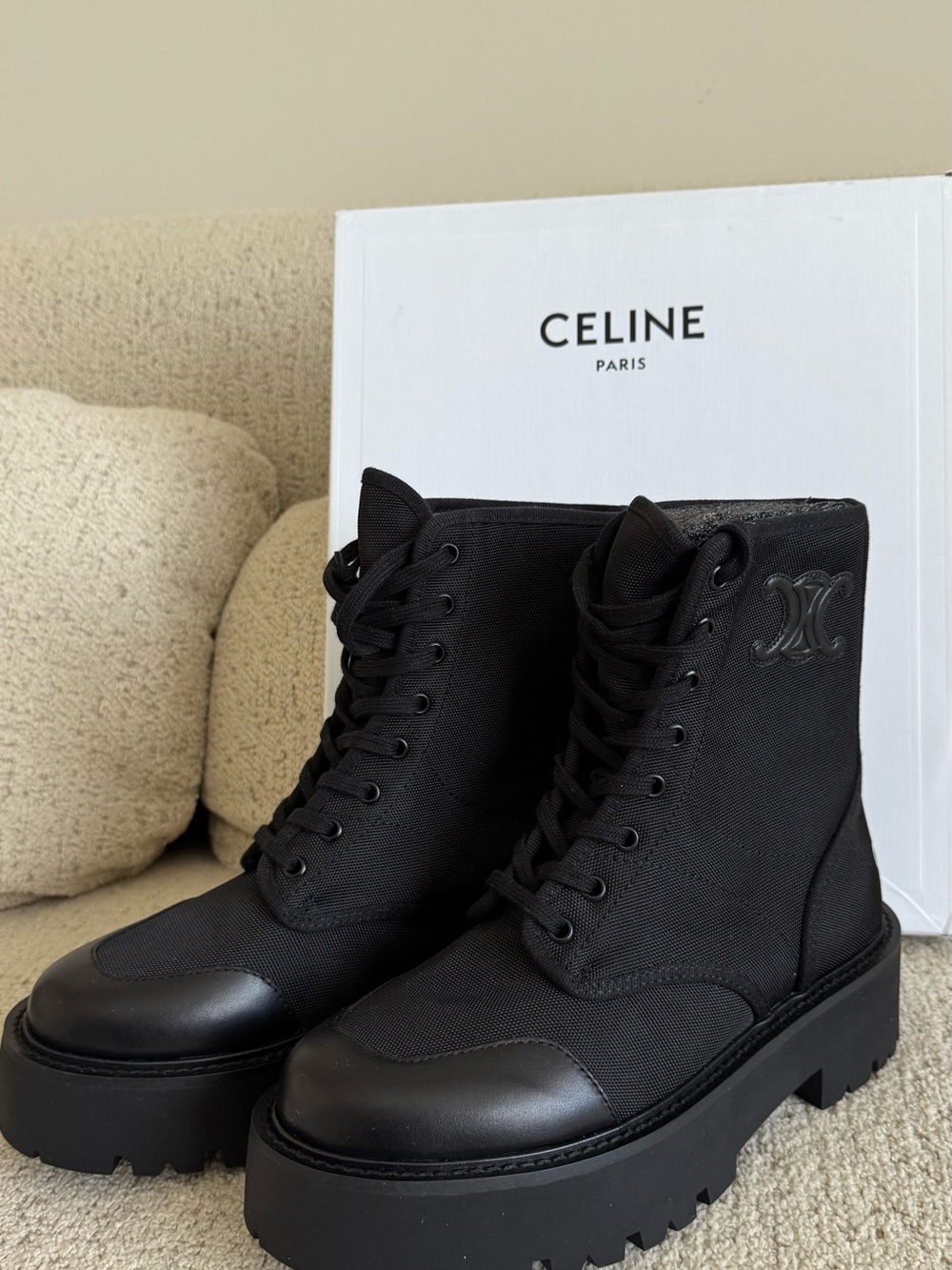 Celine Black Lace-Up Combat Boots with Lug Sole